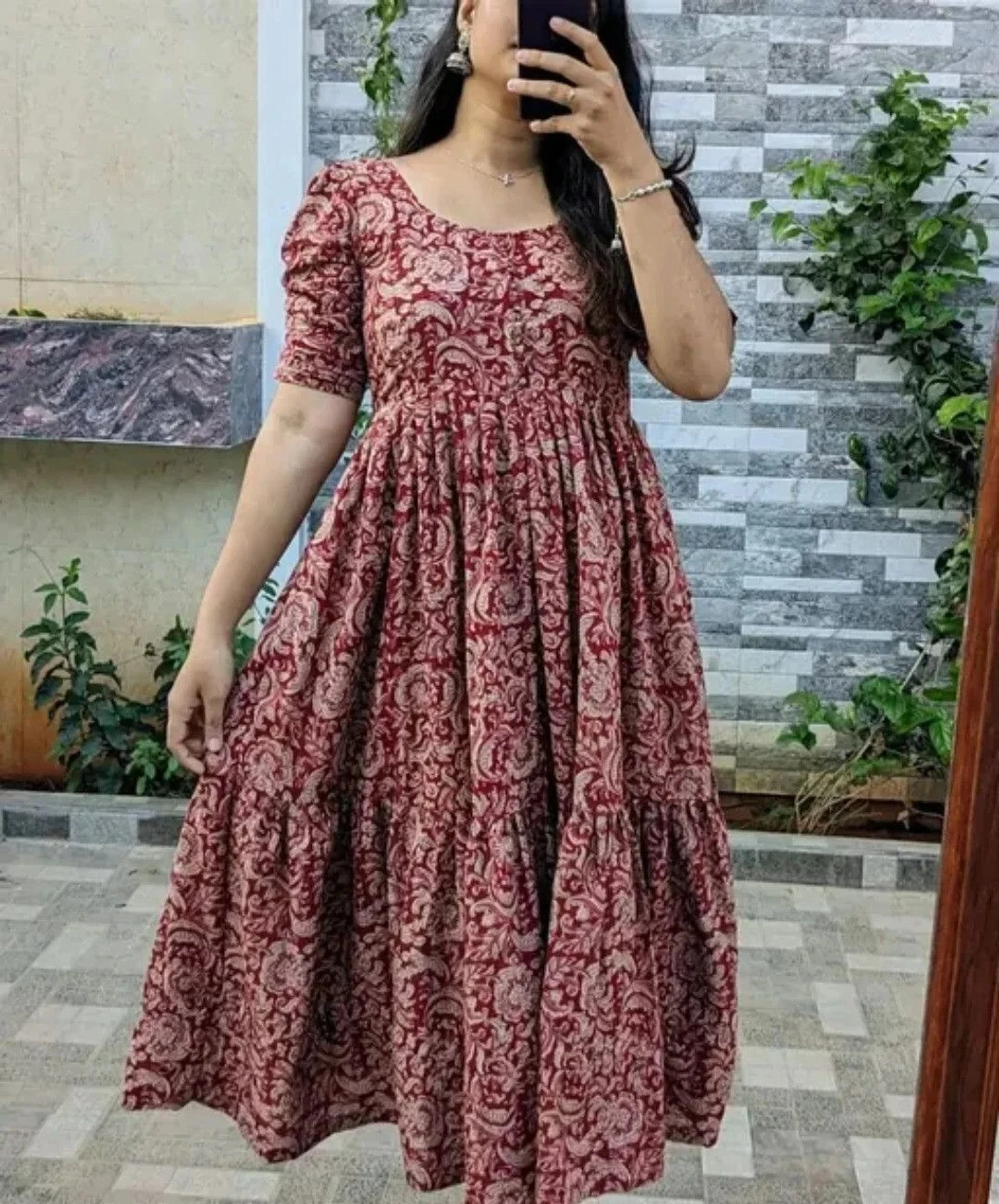 Varada Industry Women Printed Cotton Blend Flared Kurta (Maroon)