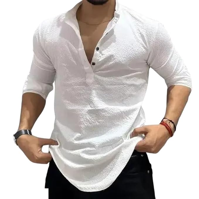 Men Cotton Blend Kurta Style Casual Shirt Full Sleeve Self Design Hip Length Regular Fit Comfortable Top for Office College Casual Use Men