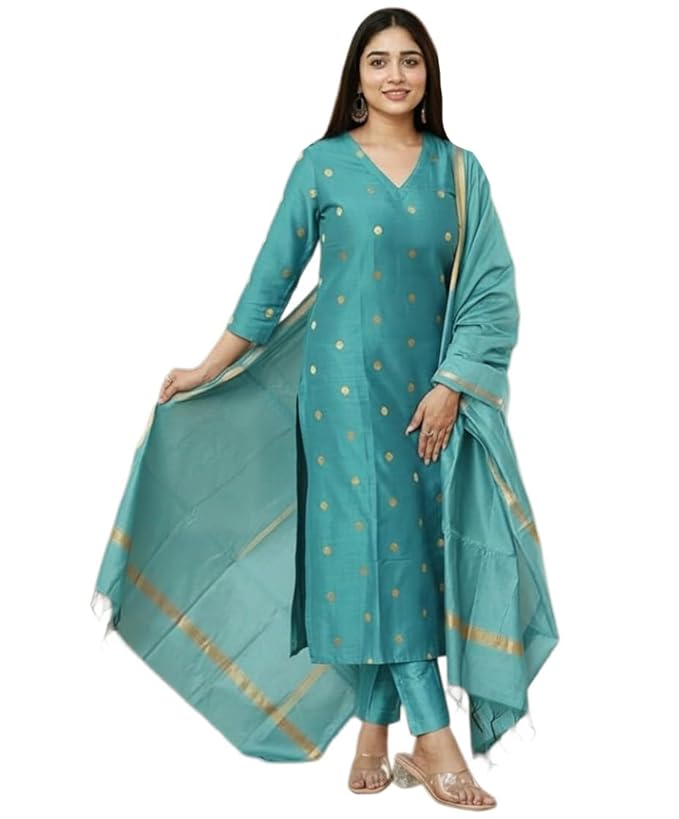 GoSriKi Kurta Sets for Women Rayon Viscose Printed | Kurta Pant Dupatta Set | Straight Kurti Set | V Neck 3/4 Sleeve Ethnic Outfit | Designer Indian Kurti Clothing with Pants Dupatta