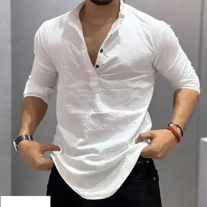Men Cotton Blend Kurta Style Casual Shirt Full Sleeve Self Design Hip Length Regular Fit Comfortable Top for Office College Casual Use Men - Image 3