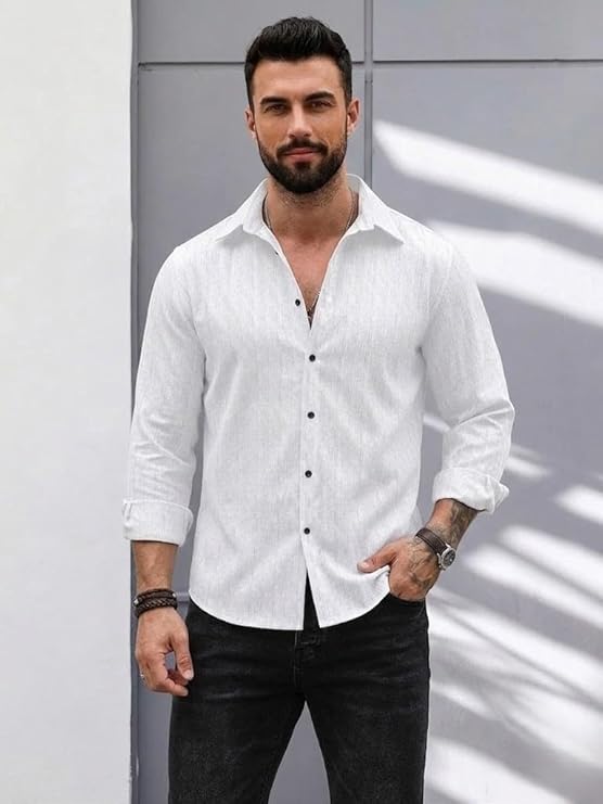 DEELMO Men's Regular Fit Button Down Dress Shirts Textured Long Sleeve Casual Hawaiian Shirt - Image 3