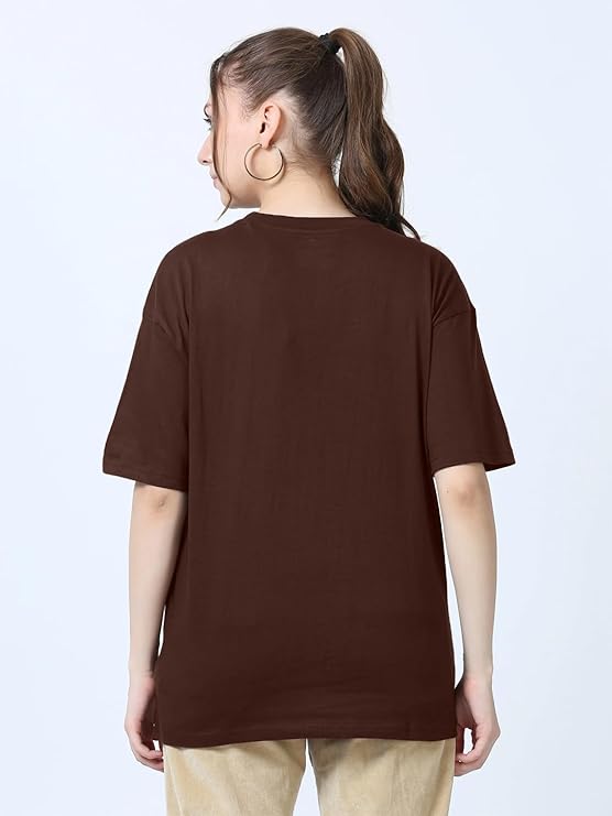 LEOTUDE Half Sleeve Cottonblend Oversized Tshirt for Women, Round Neck Longline Printed Drop Shoulder Baggie T-Shirt (Color Brown) - Image 4