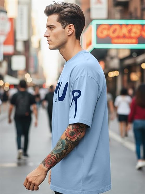 LEOTUDE Half Sleeve Cottonblend Graphic Print Round Neck Drop Shoulder Oversized Dailywear Tshirt for Man (Color Aqua Blue) - Image 4