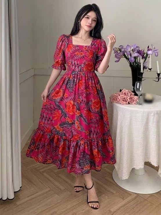 SMOWKLY Women's Georgette Floral Printed Western Gown || Half Sleeve V Neck Fit & Flare Flared Hem Design || A-Line Maxi Dress Casual Wear - Image 4