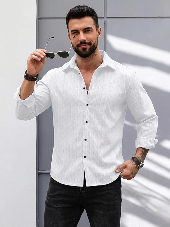 DEELMO Men's Regular Fit Button Down Dress Shirts Textured Long Sleeve Casual Hawaiian Shirt - Image 4