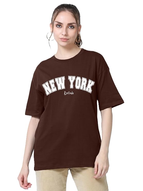 LEOTUDE Half Sleeve Cottonblend Oversized Tshirt for Women, Round Neck Longline Printed Drop Shoulder Baggie T-Shirt (Color Brown) - Image 6