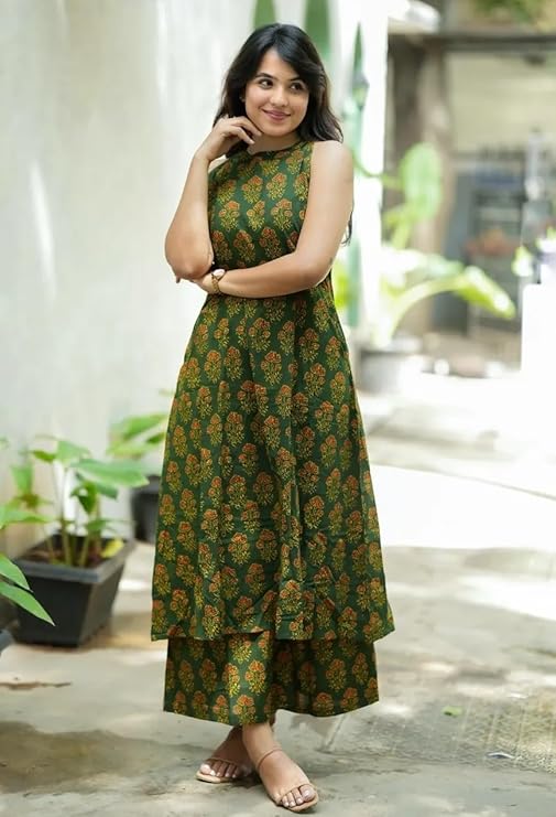 Nermosa Women Pure Cotton Kurta Palazzo Set | Sleeveless Printed Kurta with Palazzo Pants | Summer Friendly, Office Wear Co-Ord Set - Image 2