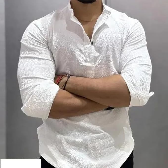 Men Cotton Blend Kurta Style Casual Shirt Full Sleeve Self Design Hip Length Regular Fit Comfortable Top for Office College Casual Use Men - Image 2