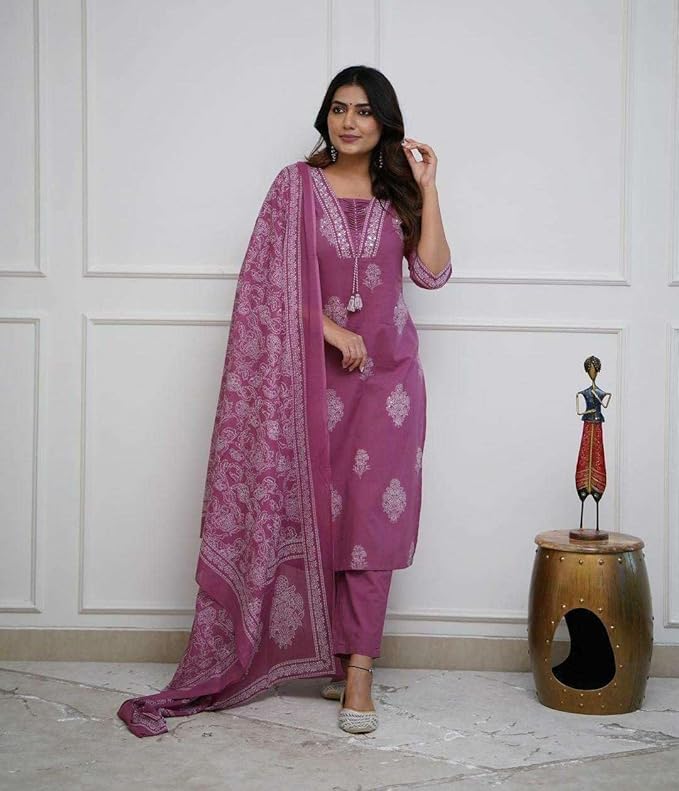Women's Cotton Printed Straight Kurti with pant and Dupatta Set - Image 4