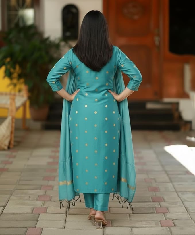 GoSriKi Kurta Sets for Women Rayon Viscose Printed | Kurta Pant Dupatta Set | Straight Kurti Set | V Neck 3/4 Sleeve Ethnic Outfit | Designer Indian Kurti Clothing with Pants Dupatta - Image 5