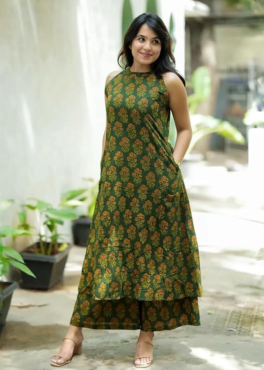 Nermosa Women Pure Cotton Kurta Palazzo Set | Sleeveless Printed Kurta with Palazzo Pants | Summer Friendly, Office Wear Co-Ord Set - Image 3