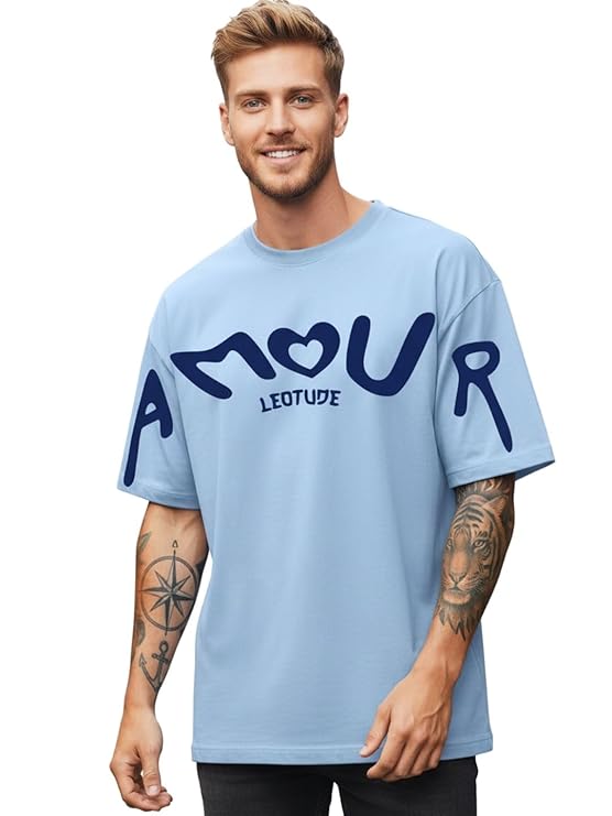 LEOTUDE Half Sleeve Cottonblend Graphic Print Round Neck Drop Shoulder Oversized Dailywear Tshirt for Man (Color Aqua Blue) - Image 6