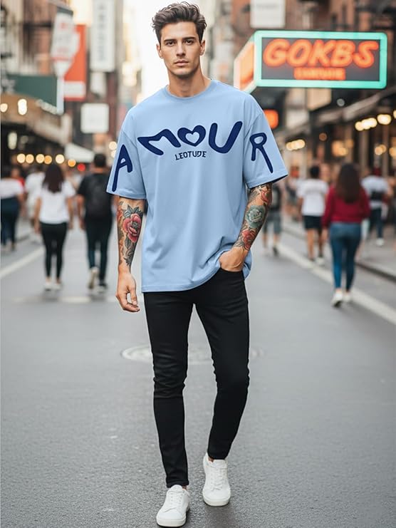 LEOTUDE Half Sleeve Cottonblend Graphic Print Round Neck Drop Shoulder Oversized Dailywear Tshirt for Man (Color Aqua Blue) - Image 2