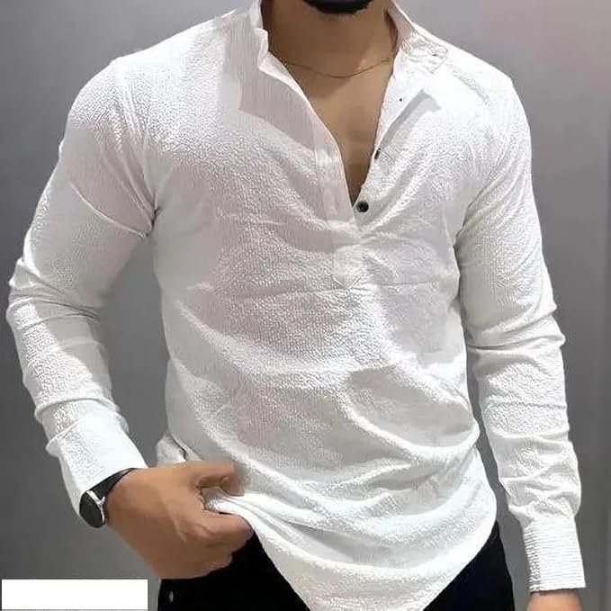 Men Cotton Blend Kurta Style Casual Shirt Full Sleeve Self Design Hip Length Regular Fit Comfortable Top for Office College Casual Use Men - Image 5