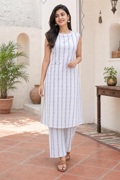 White Kurta Set for Women with Palazzo | Cotton Jacquard A-Line V-Neck Kurti | 2 Piece Office Daily Casual Ethnic Wear - Image 5
