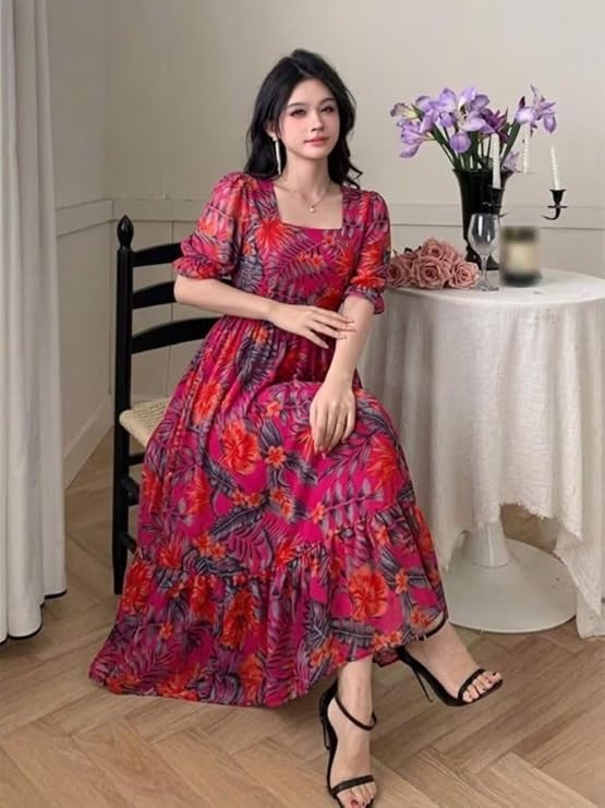 SMOWKLY Women's Georgette Floral Printed Western Gown || Half Sleeve V Neck Fit & Flare Flared Hem Design || A-Line Maxi Dress Casual Wear - Image 3