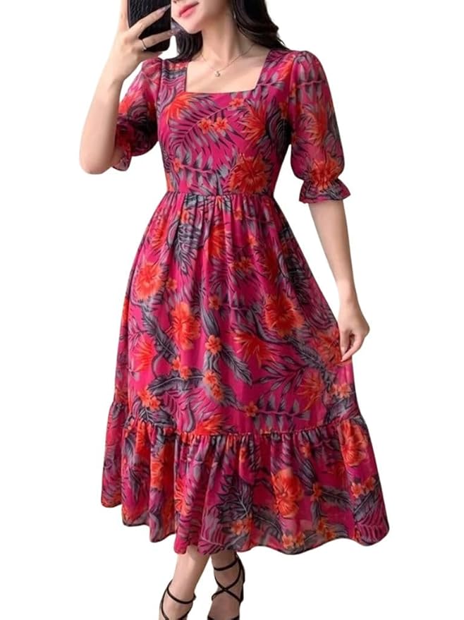SMOWKLY Women's Georgette Floral Printed Western Gown || Half Sleeve V Neck Fit & Flare Flared Hem Design || A-Line Maxi Dress Casual Wear