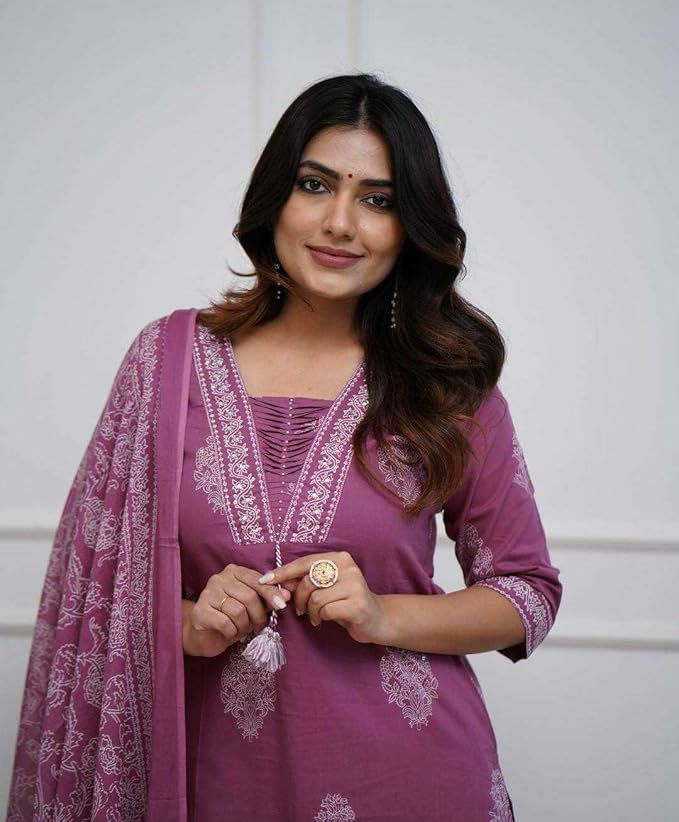 Women's Cotton Printed Straight Kurti with pant and Dupatta Set - Image 3