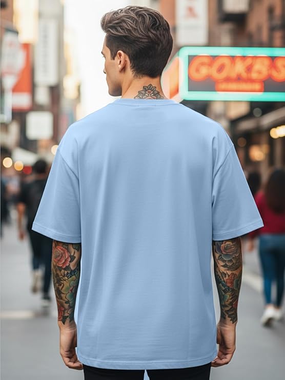 LEOTUDE Half Sleeve Cottonblend Graphic Print Round Neck Drop Shoulder Oversized Dailywear Tshirt for Man (Color Aqua Blue) - Image 3
