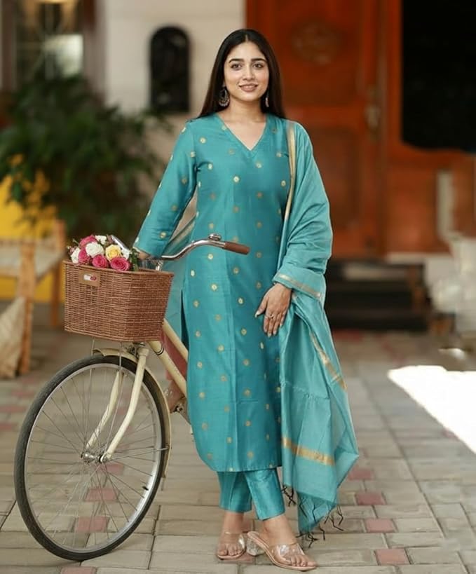 GoSriKi Kurta Sets for Women Rayon Viscose Printed | Kurta Pant Dupatta Set | Straight Kurti Set | V Neck 3/4 Sleeve Ethnic Outfit | Designer Indian Kurti Clothing with Pants Dupatta - Image 3