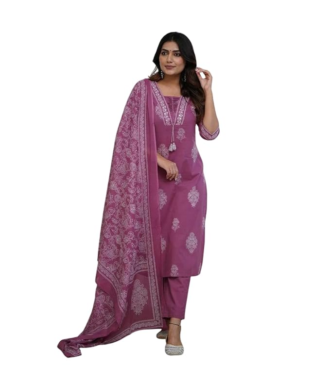 Women's Cotton Printed Straight Kurti with pant and Dupatta Set