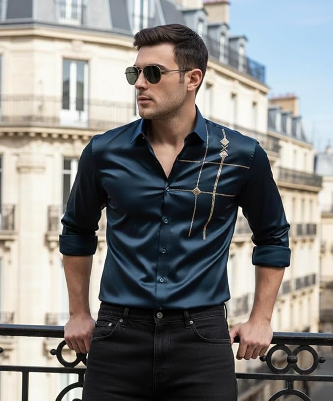ndoPrimo Men’s Premium Satin Shirt for Party, Formal and Casual Wear – Stylish Designer Full Sleeve Shirt for Men