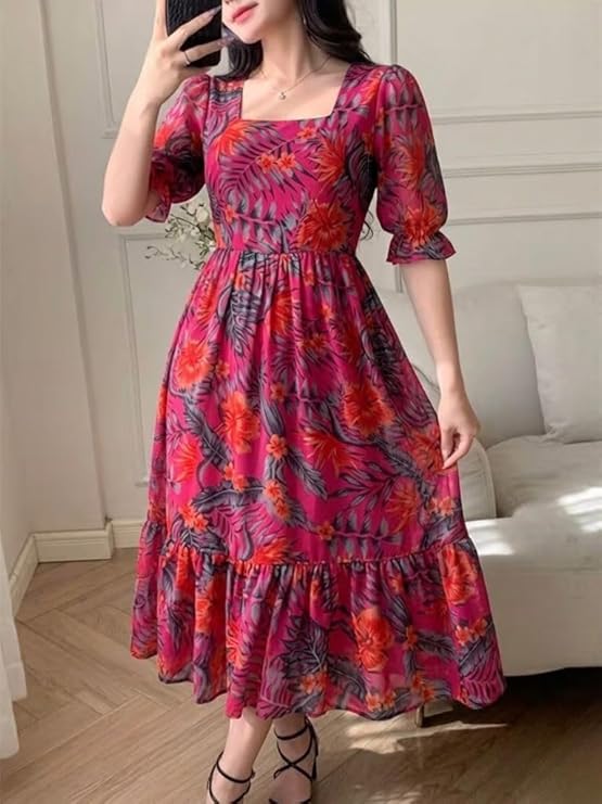 SMOWKLY Women's Georgette Floral Printed Western Gown || Half Sleeve V Neck Fit & Flare Flared Hem Design || A-Line Maxi Dress Casual Wear - Image 2