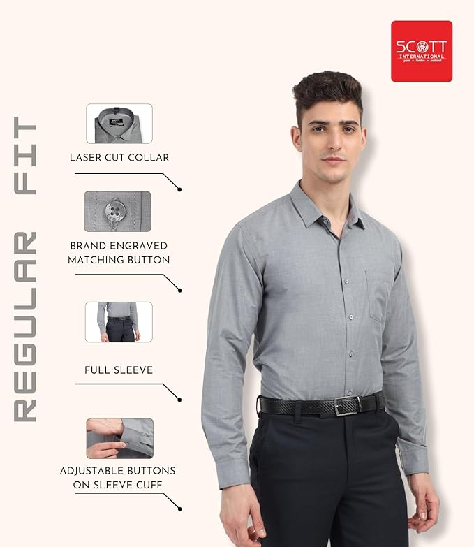 Scott International Men's Formal Shirt | Full Sleeve Wrinkle Resistant Cotton Blend | Spread Collar Regular Fit | Office, Business & Casual Wear | Solid Plain - Image 4