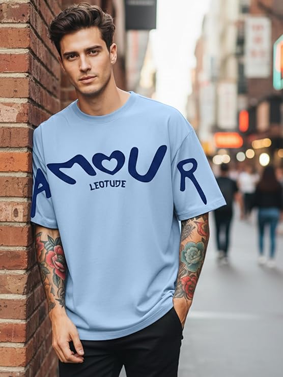 LEOTUDE Half Sleeve Cottonblend Graphic Print Round Neck Drop Shoulder Oversized Dailywear Tshirt for Man (Color Aqua Blue) - Image 5