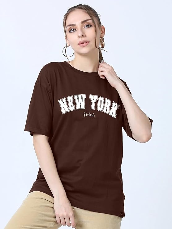 LEOTUDE Half Sleeve Cottonblend Oversized Tshirt for Women, Round Neck Longline Printed Drop Shoulder Baggie T-Shirt (Color Brown) - Image 5