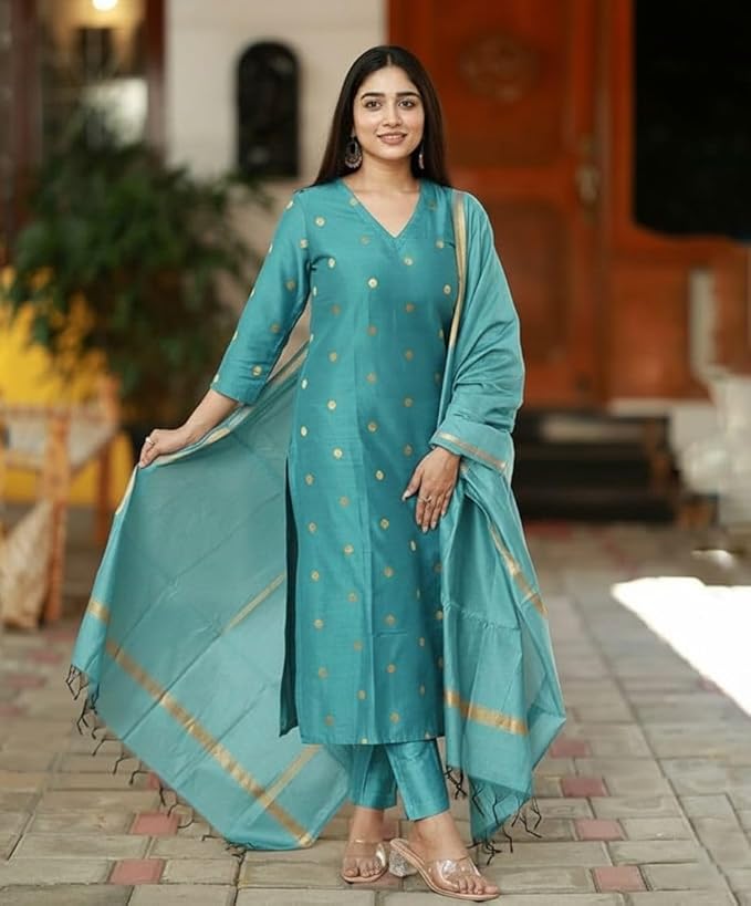 GoSriKi Kurta Sets for Women Rayon Viscose Printed | Kurta Pant Dupatta Set | Straight Kurti Set | V Neck 3/4 Sleeve Ethnic Outfit | Designer Indian Kurti Clothing with Pants Dupatta - Image 2
