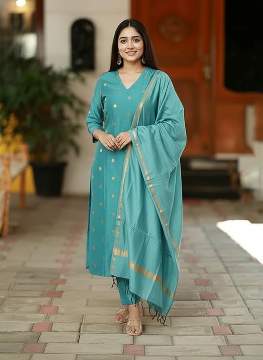 GoSriKi Kurta Sets for Women Rayon Viscose Printed | Kurta Pant Dupatta Set | Straight Kurti Set | V Neck 3/4 Sleeve Ethnic Outfit | Designer Indian Kurti Clothing with Pants Dupatta - Image 4