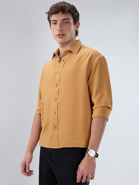 VASTRADO Warm Mustard Sun-Cured Lightweight Textured Shirt - Image 3