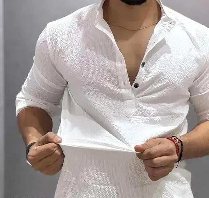 Men Cotton Blend Kurta Style Casual Shirt Full Sleeve Self Design Hip Length Regular Fit Comfortable Top for Office College Casual Use Men - Image 4