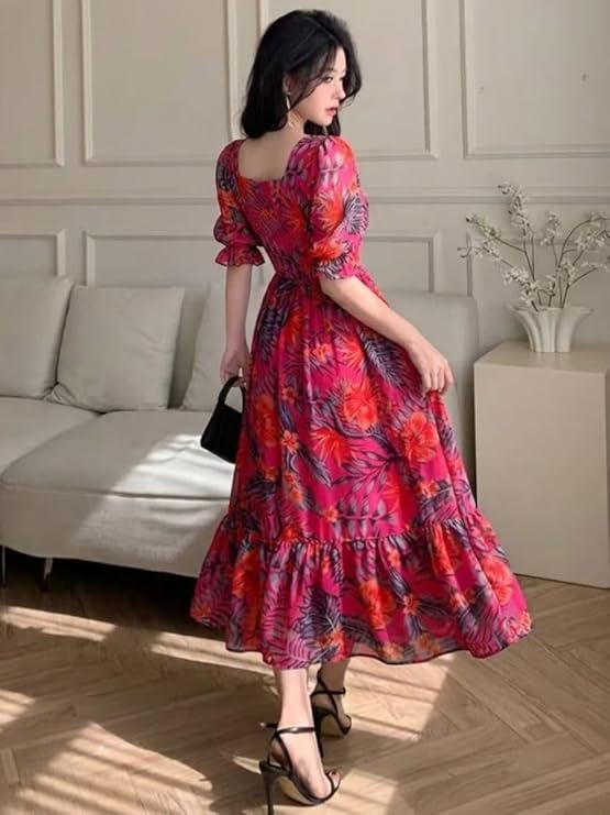 SMOWKLY Women's Georgette Floral Printed Western Gown || Half Sleeve V Neck Fit & Flare Flared Hem Design || A-Line Maxi Dress Casual Wear - Image 5