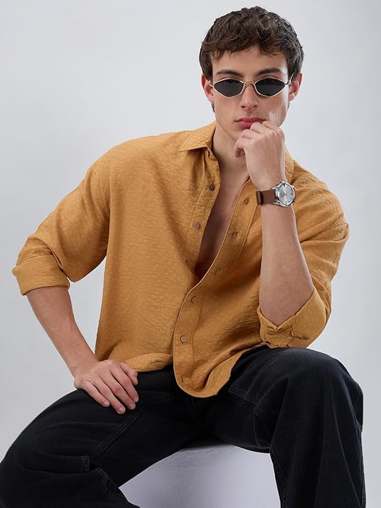 VASTRADO Warm Mustard Sun-Cured Lightweight Textured Shirt - Image 6