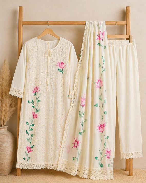 Women Cotton Hand Painted Chikankari Kurti Pant Set | Straight Fit | Floral Printed Dupatta | Daily Wear Ethnic Suit - Image 2