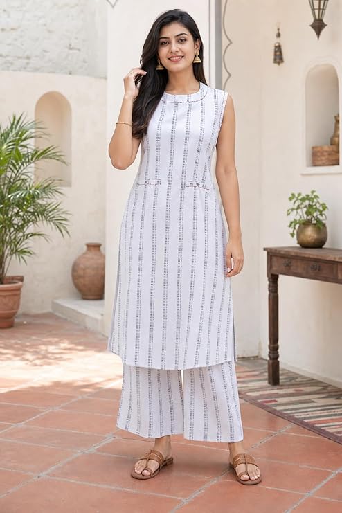White Kurta Set for Women with Palazzo | Cotton Jacquard A-Line V-Neck Kurti | 2 Piece Office Daily Casual Ethnic Wear - Image 7