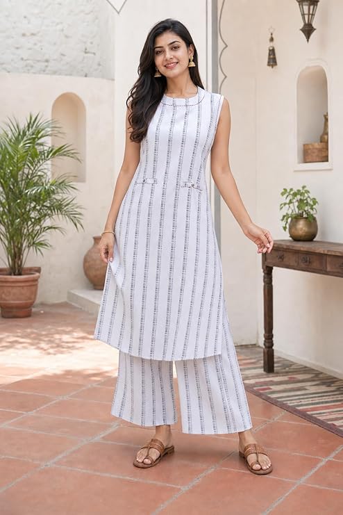 White Kurta Set for Women with Palazzo | Cotton Jacquard A-Line V-Neck Kurti | 2 Piece Office Daily Casual Ethnic Wear - Image 6
