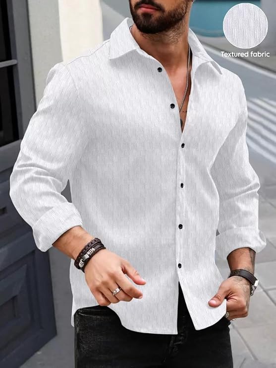 DEELMO Men's Regular Fit Button Down Dress Shirts Textured Long Sleeve Casual Hawaiian Shirt - Image 2