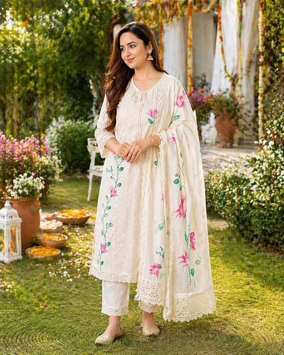 Women Cotton Hand Painted Chikankari Kurti Pant Set | Straight Fit | Floral Printed Dupatta | Daily Wear Ethnic Suit - Image 3