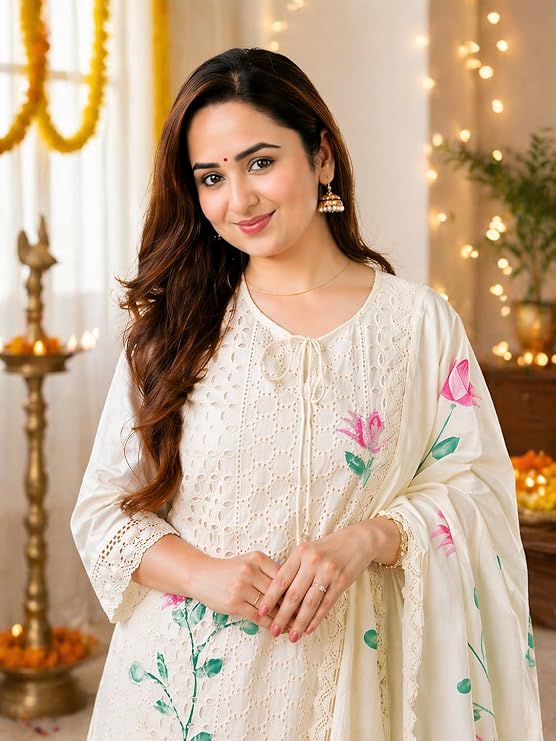 Women Cotton Hand Painted Chikankari Kurti Pant Set | Straight Fit | Floral Printed Dupatta | Daily Wear Ethnic Suit - Image 5