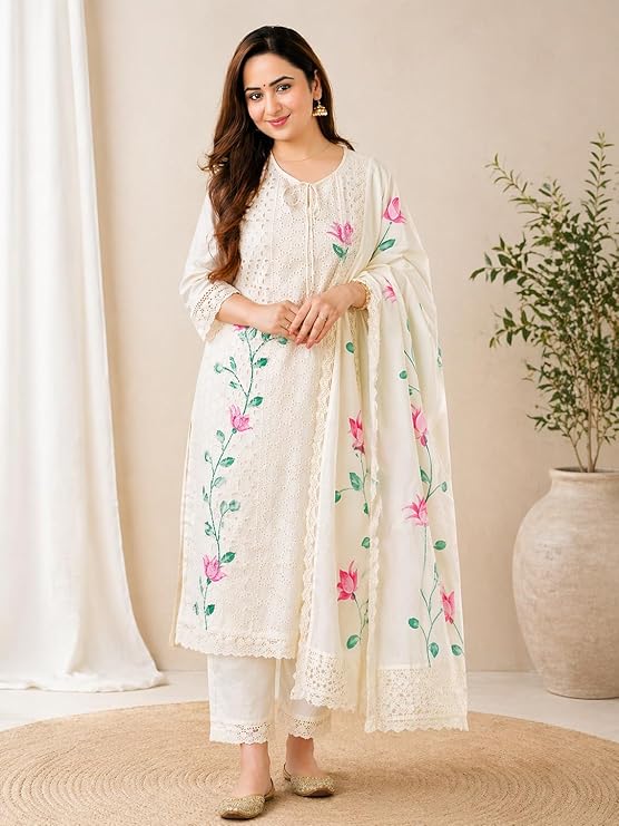 Women Cotton Hand Painted Chikankari Kurti Pant Set | Straight Fit | Floral Printed Dupatta | Daily Wear Ethnic Suit - Image 6