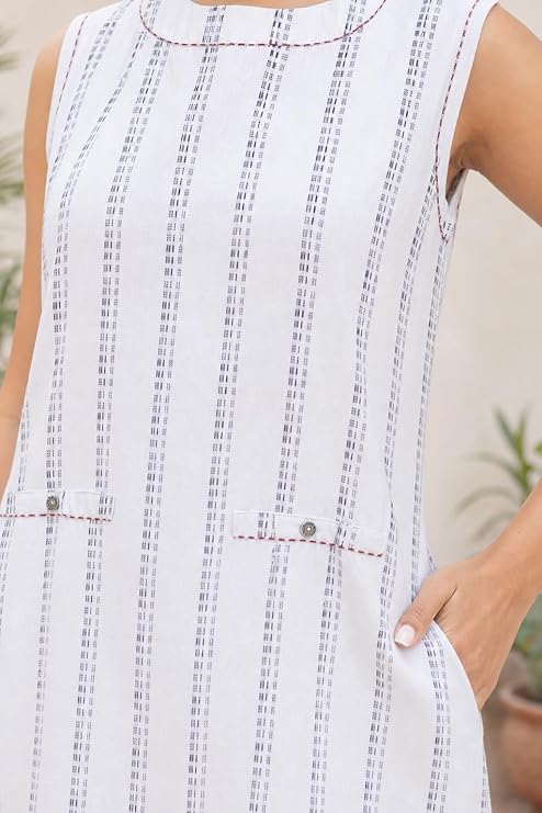 White Kurta Set for Women with Palazzo | Cotton Jacquard A-Line V-Neck Kurti | 2 Piece Office Daily Casual Ethnic Wear - Image 3