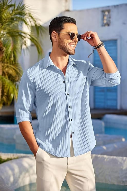 DEELMO Men's Casual Button Down Shirts Long Sleeve Linen Shirt Fashion Textured Beach Summer Shirt - Image 3