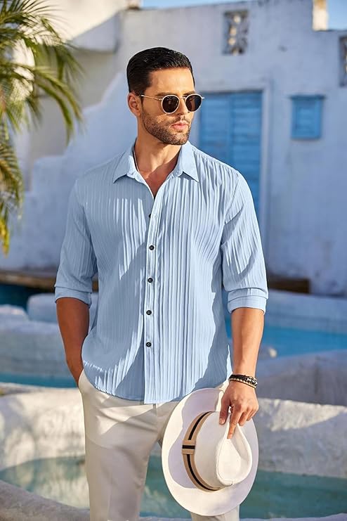 DEELMO Men's Casual Button Down Shirts Long Sleeve Linen Shirt Fashion Textured Beach Summer Shirt - Image 4