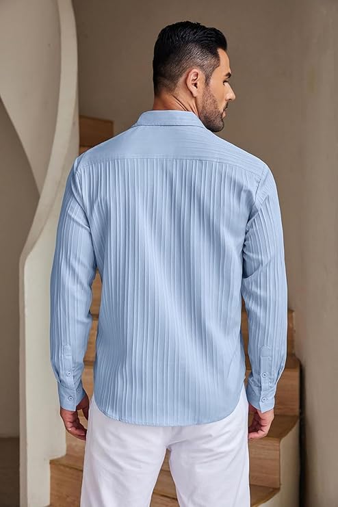 DEELMO Men's Casual Button Down Shirts Long Sleeve Linen Shirt Fashion Textured Beach Summer Shirt - Image 2