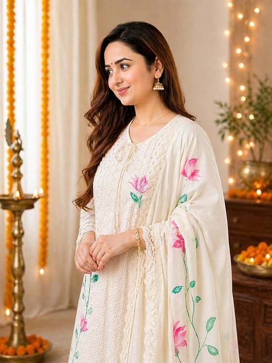 Women Cotton Hand Painted Chikankari Kurti Pant Set | Straight Fit | Floral Printed Dupatta | Daily Wear Ethnic Suit - Image 4