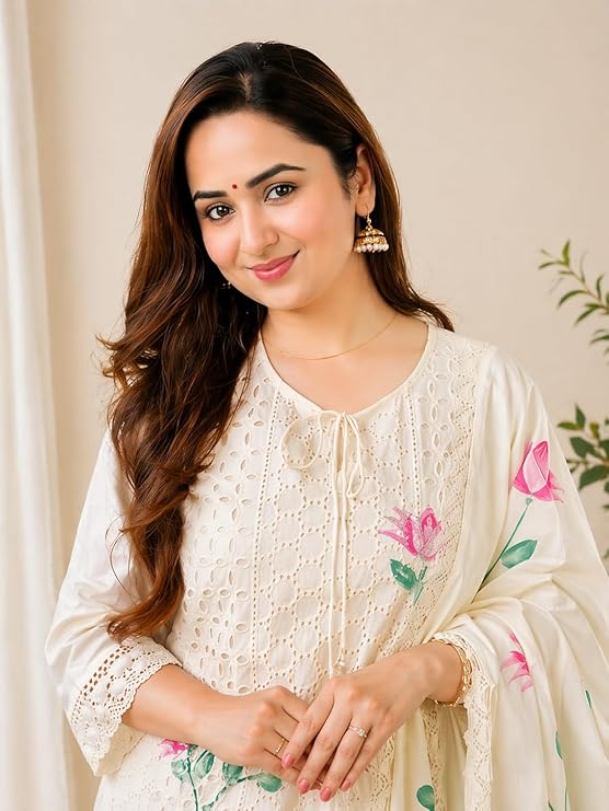Women Cotton Hand Painted Chikankari Kurti Pant Set | Straight Fit | Floral Printed Dupatta | Daily Wear Ethnic Suit - Image 7