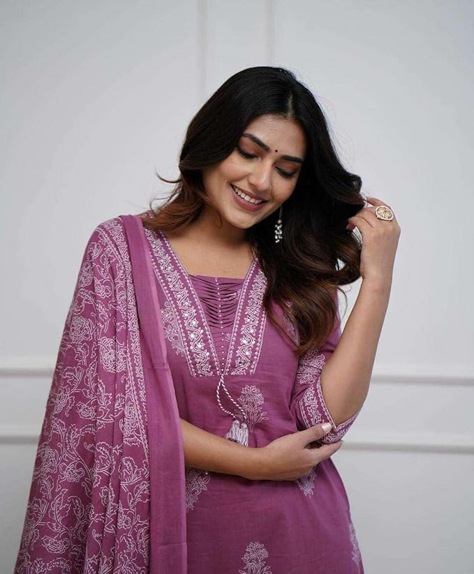 Women's Cotton Printed Straight Kurti with pant and Dupatta Set - Image 2